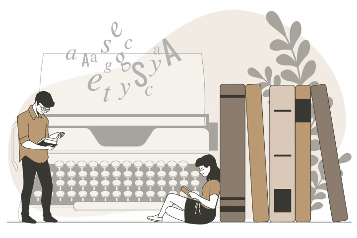 Илустрација која осликава момка и девојку окружени књигама и списатељским мотивима.
